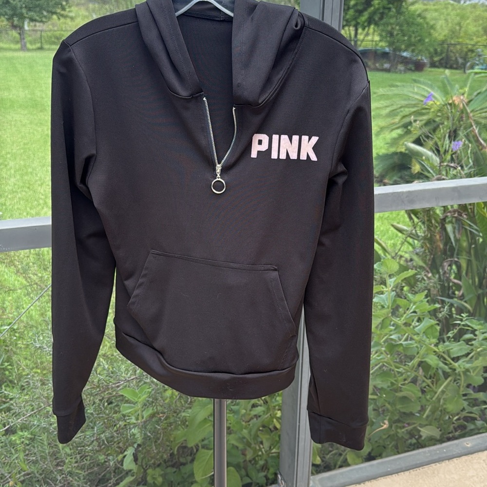Victoria Secret black PINK crop zip up hoodie size large / xl - Picture 2 of 3